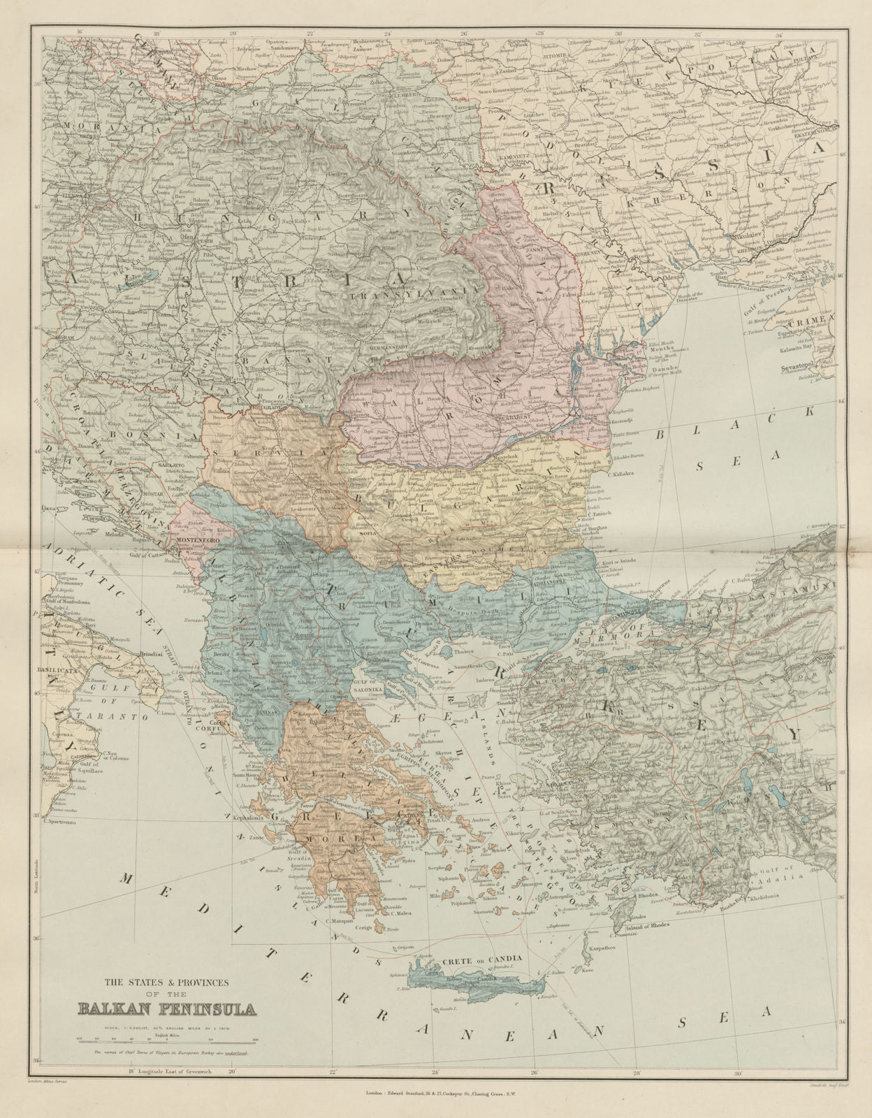 BALKAN PENINSULA Greece Austria Rumili Servia Turkey Romania STANFORD 1896 map